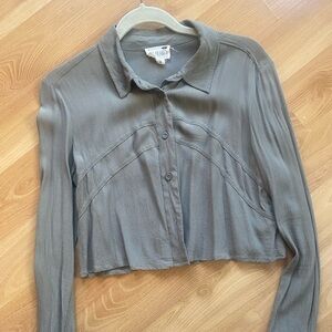 Cropped Button-Front Long Sleeve Top in khaki green